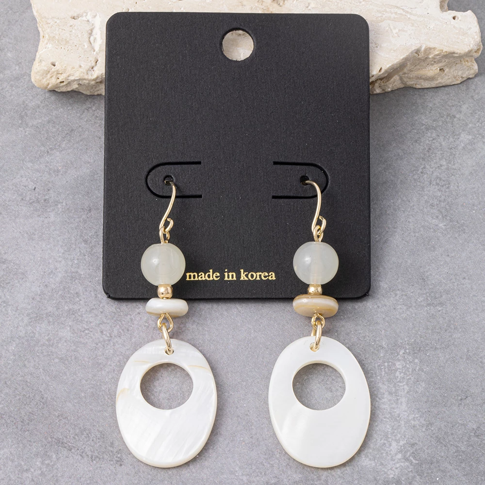 Stone Bead And Cutout Oval Shell Drop Earrings