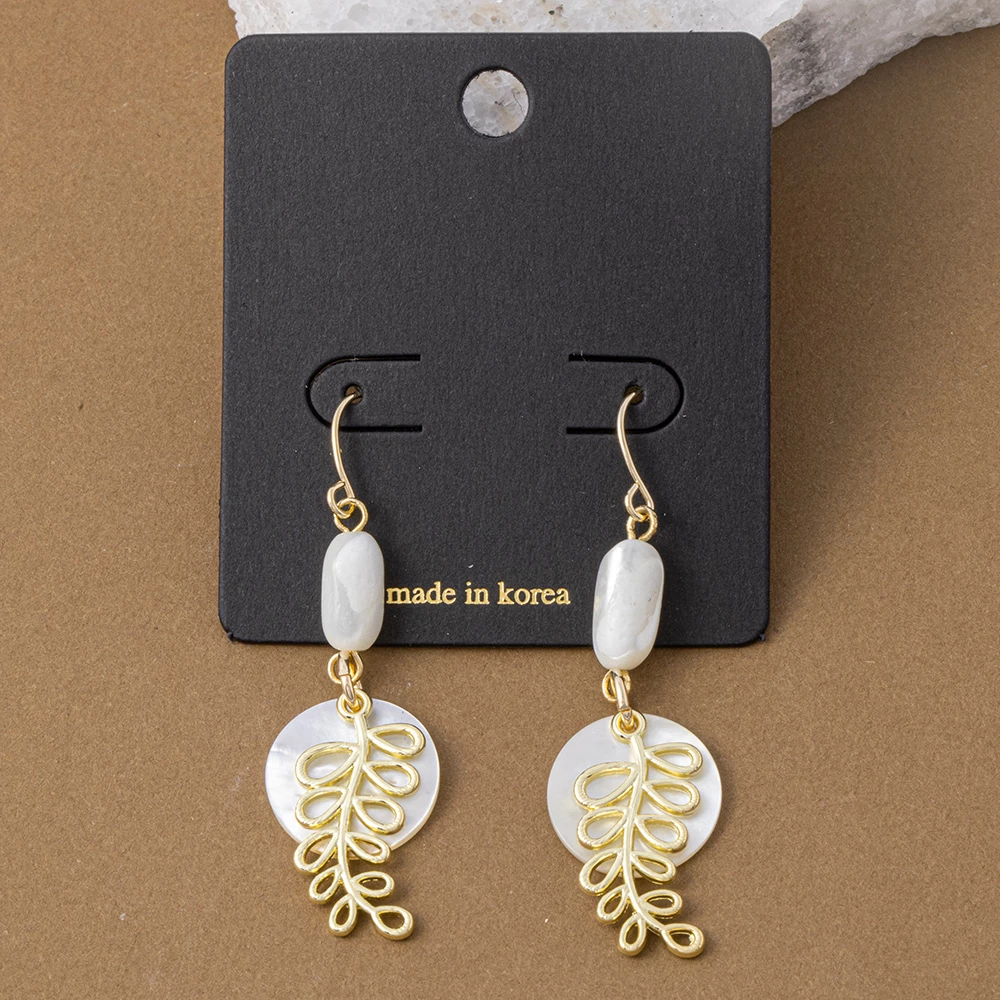 Shell Disc And Filigree Leaf Charm Drop Earrings