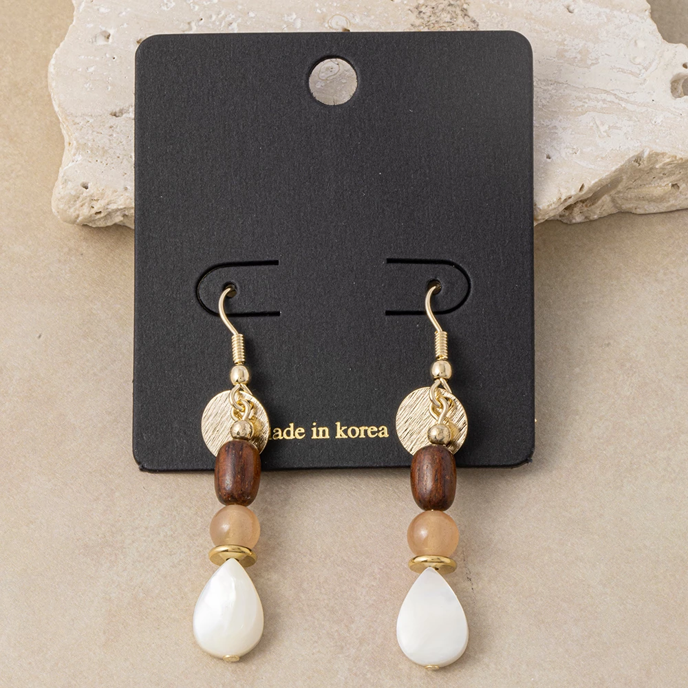 Brushed Disc Wood Jade And Shell Teardrop Earrings