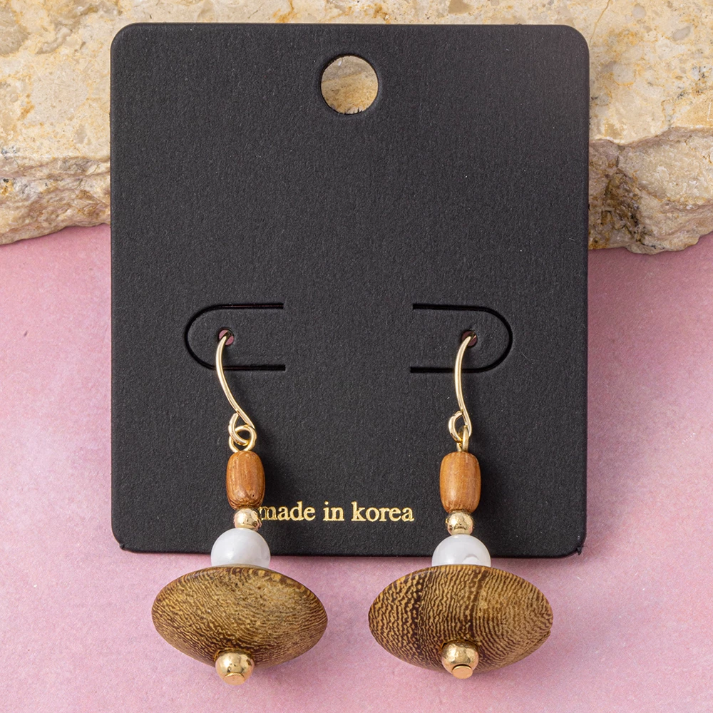 Wood Saucer Bead And Shell Drop Earrings