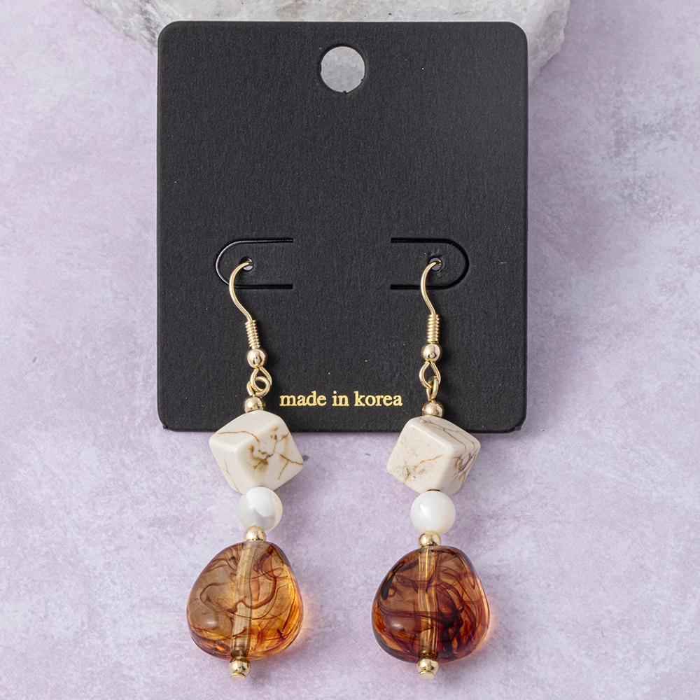 Stone Cube And Marbled Nugget Drop Earrings