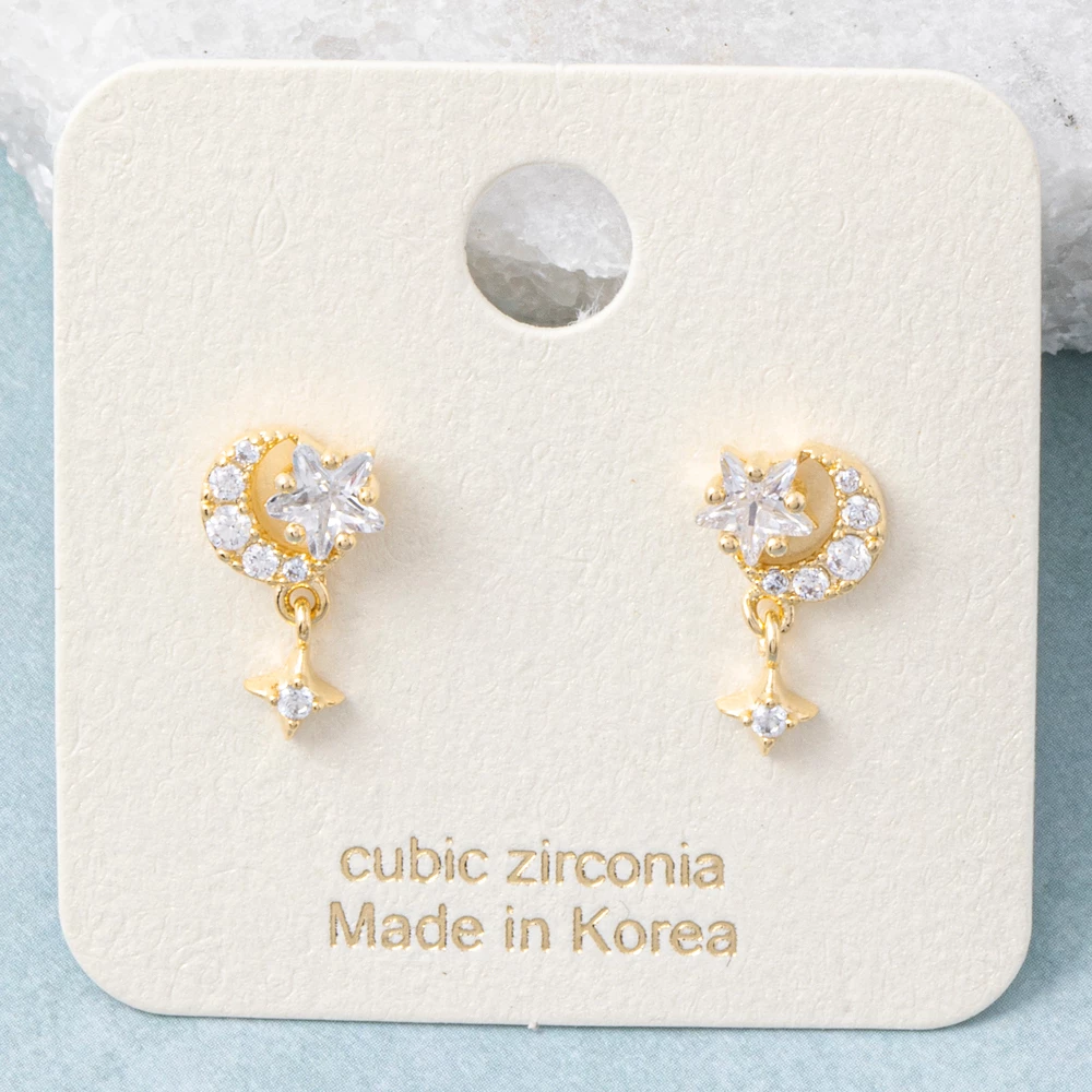 Pave Crescent Moon And Star Drop Earrings