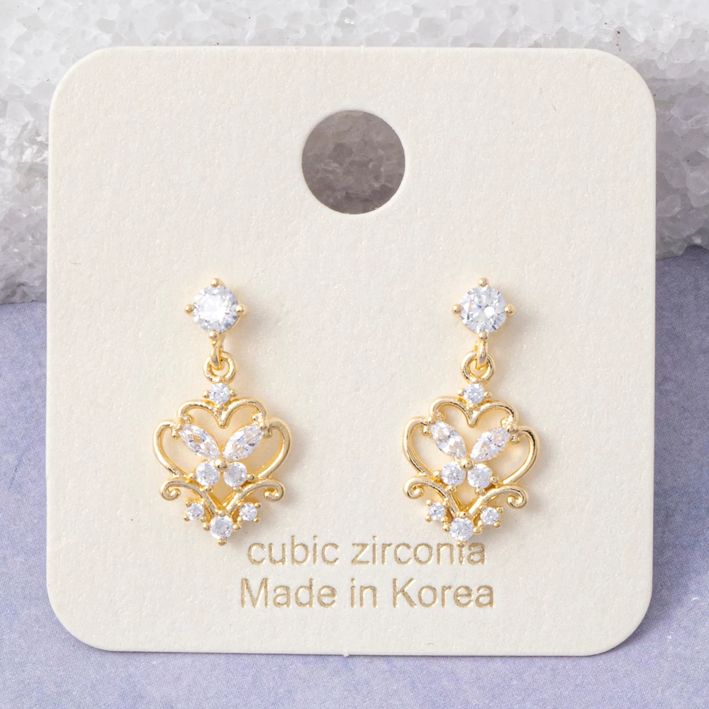 Gold Dipped Filigree Heart Butterfly Cz Drop Earrings