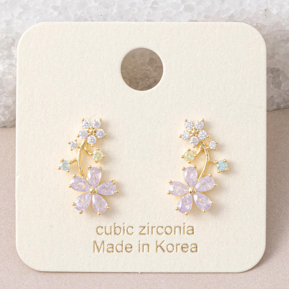Gold Dipped Flower Vine Cz Climber Stud Earrings