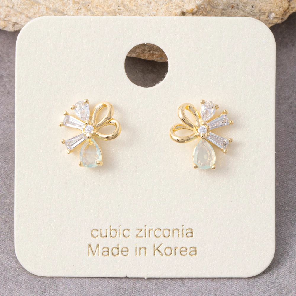 Gold Dipped Ribbon Bow Baguette Cz Stud Earrings