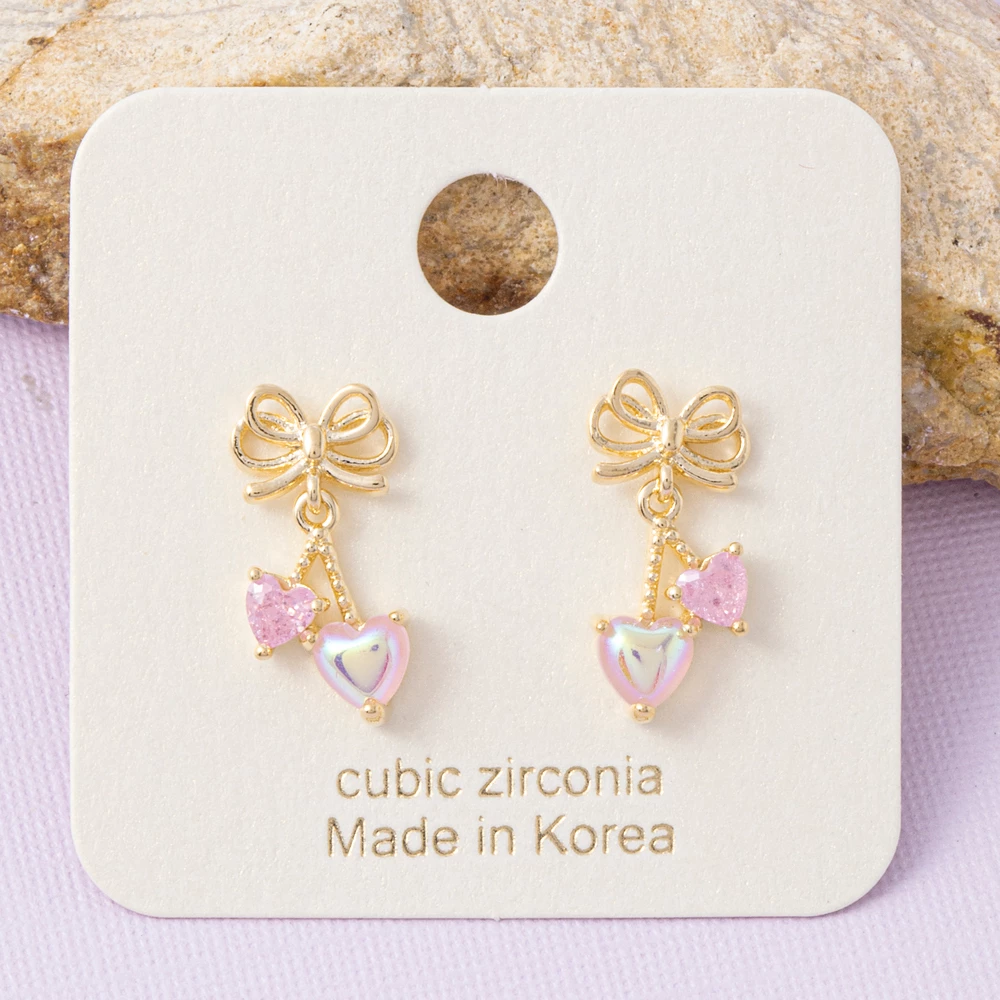 Gold Dipped Bow Double Heart Charm Drop Earrings