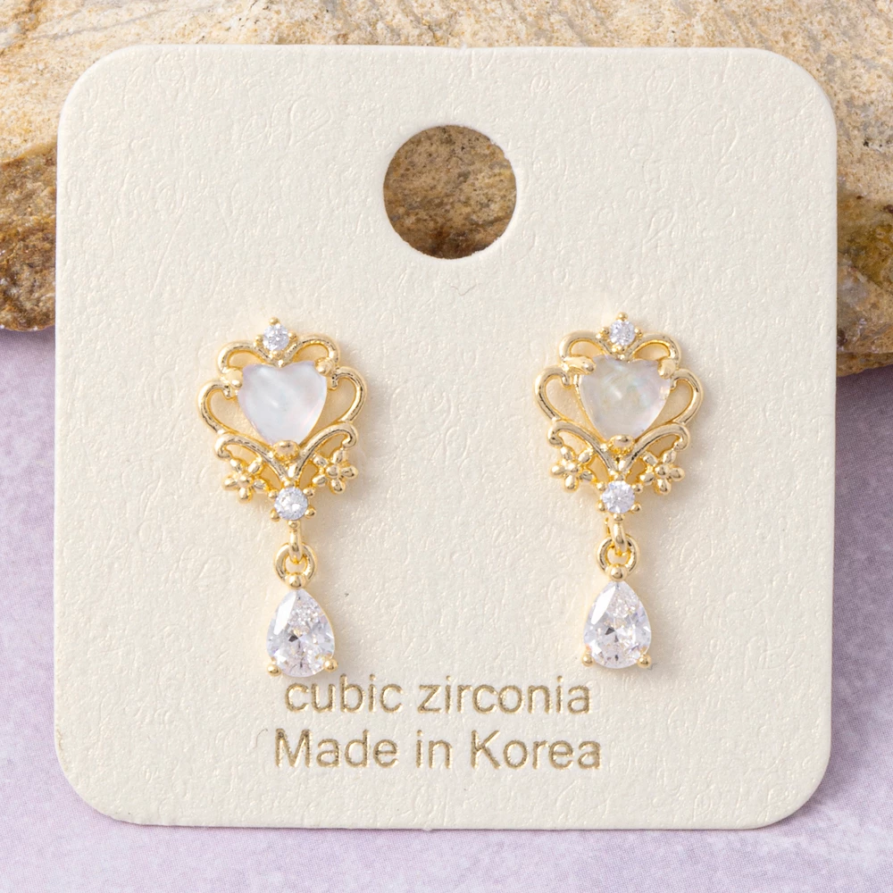 Gold Dipped Crown Heart Pear Cz Drop Earrings