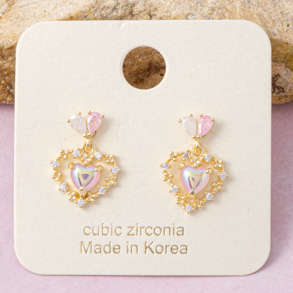 Gold Dipped Heart Wreath Cz Halo Drop Earrings