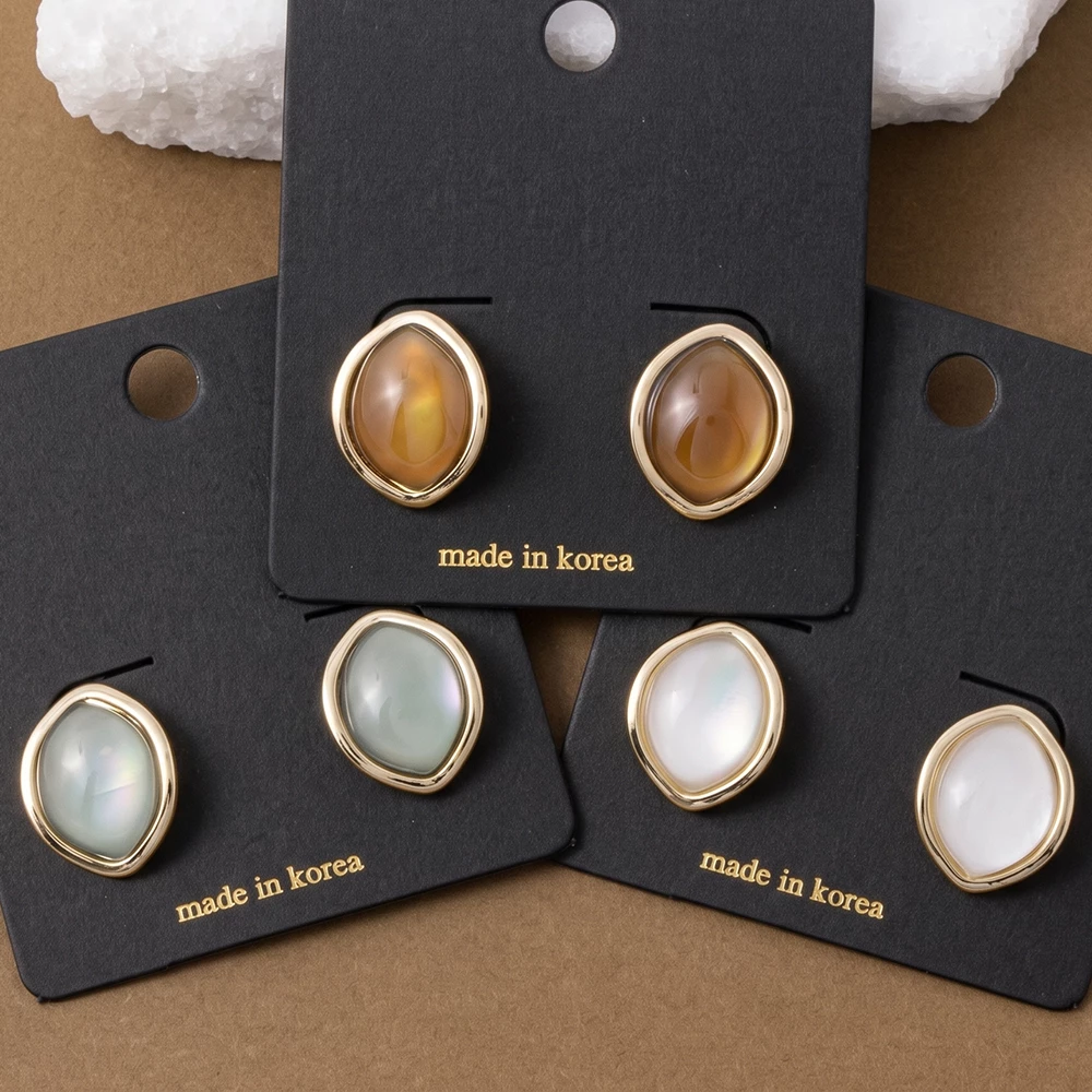Iridescent Oval Cabochon Bezel Stud Earrings