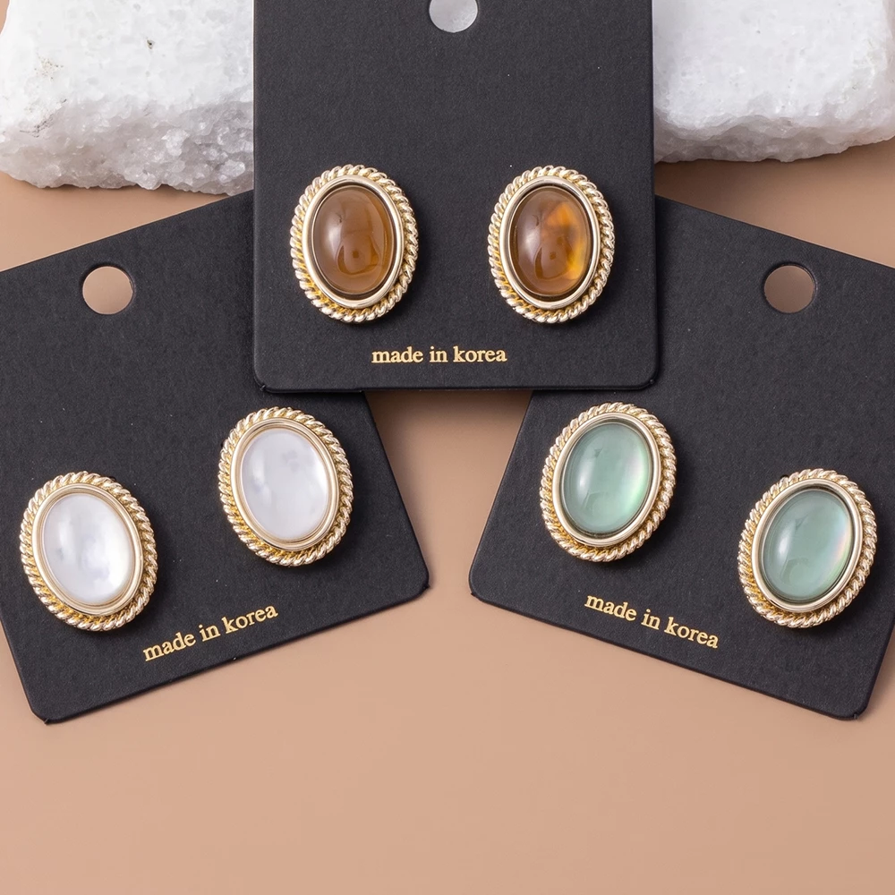 Iridescent Oval Cabochon Rope Bezel Stud Earrings