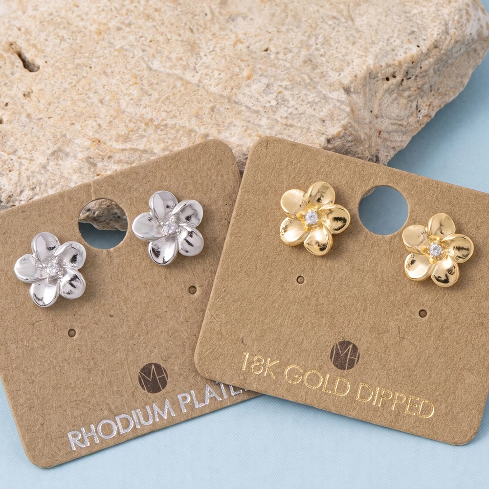18K Gold Dipped Plumeria Flower Cz Stud Earrings