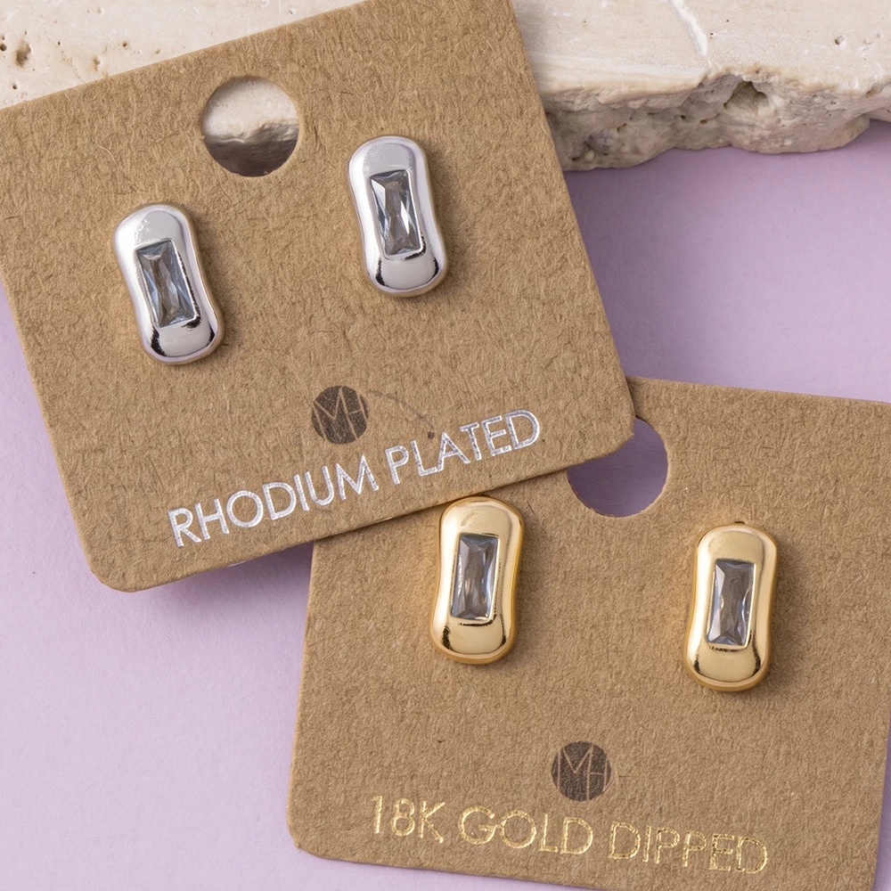 18K Gold Dipped Baguette Cz Puffed Stud Earrings