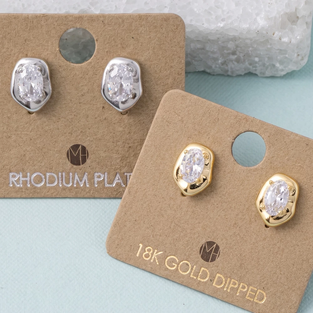 18K Gold Dipped Oval Cz Molten Frame Stud Earrings