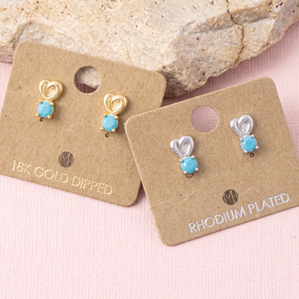 18K Gold Dipped Open Heart Round Stone Stud Earrings