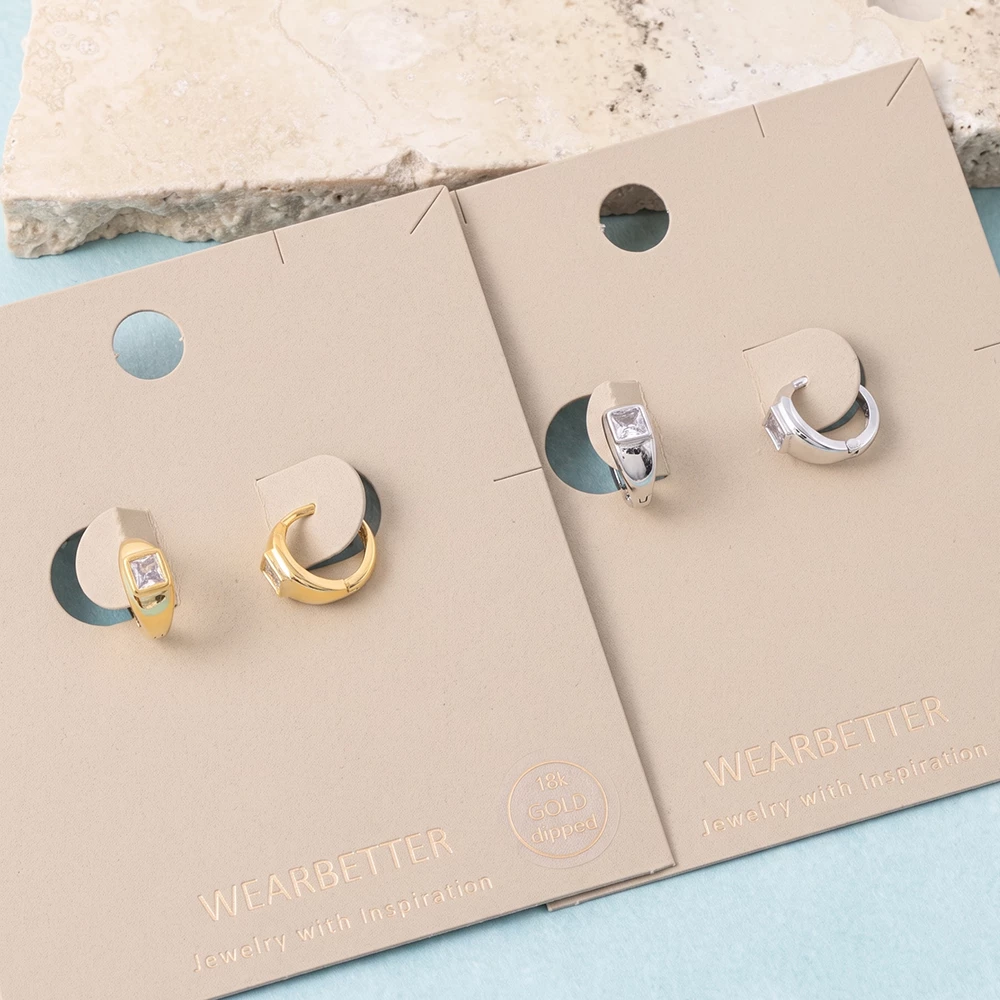 18K Gold Dipped Square Cz Signet Huggie Hoop Earrings