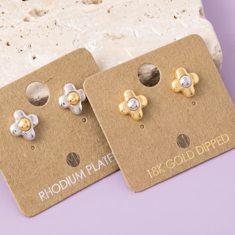 18K Gold Dipped Two Tone Puffy Flower Stud Earrings