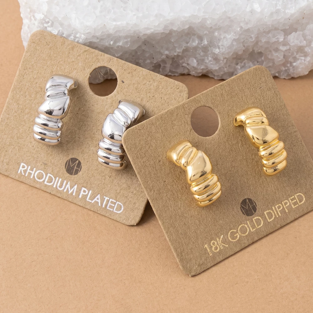 18K Gold Dipped Sculpted Ribbed Chunky Hoop Earrings