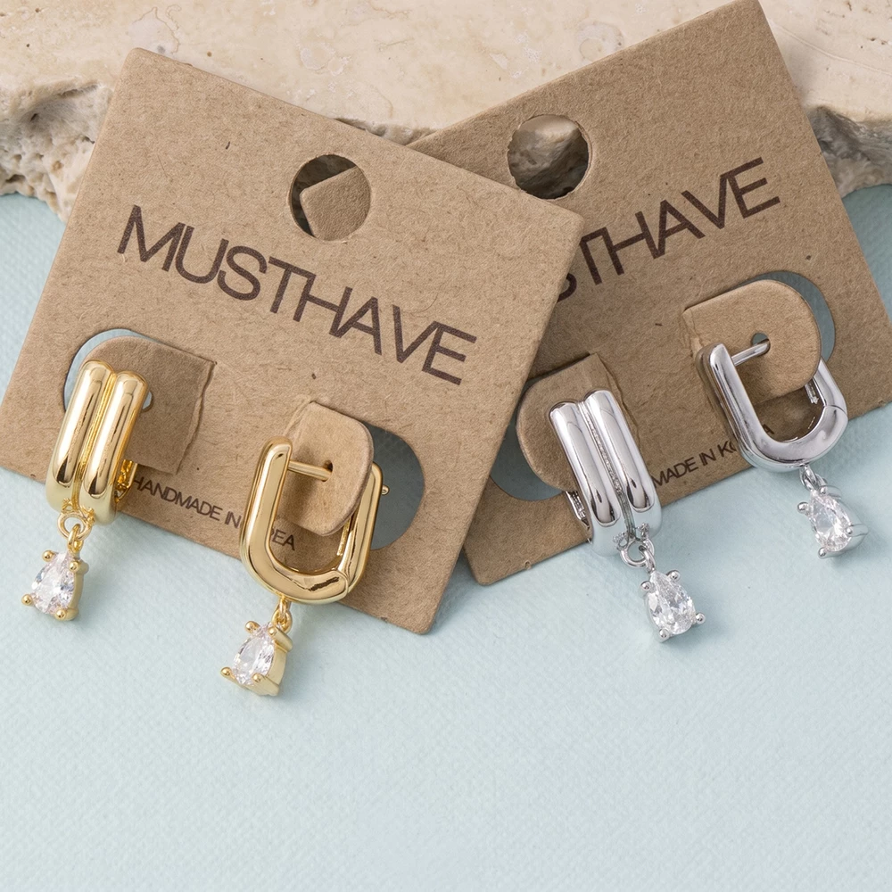 Gold Dipped Pear Cz Charm Bar Huggie Hoop Earrings