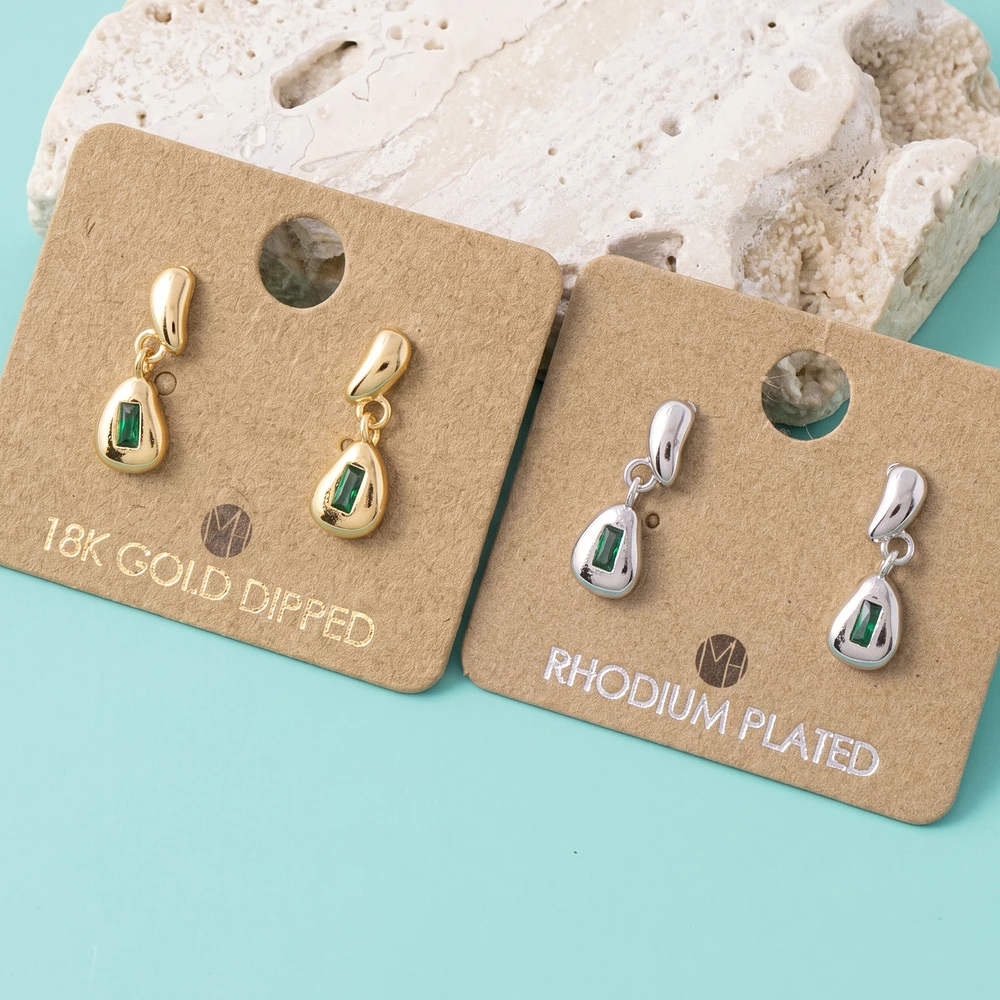 18K Gold Dipped Pebble Baguette Cz Drop Earrings
