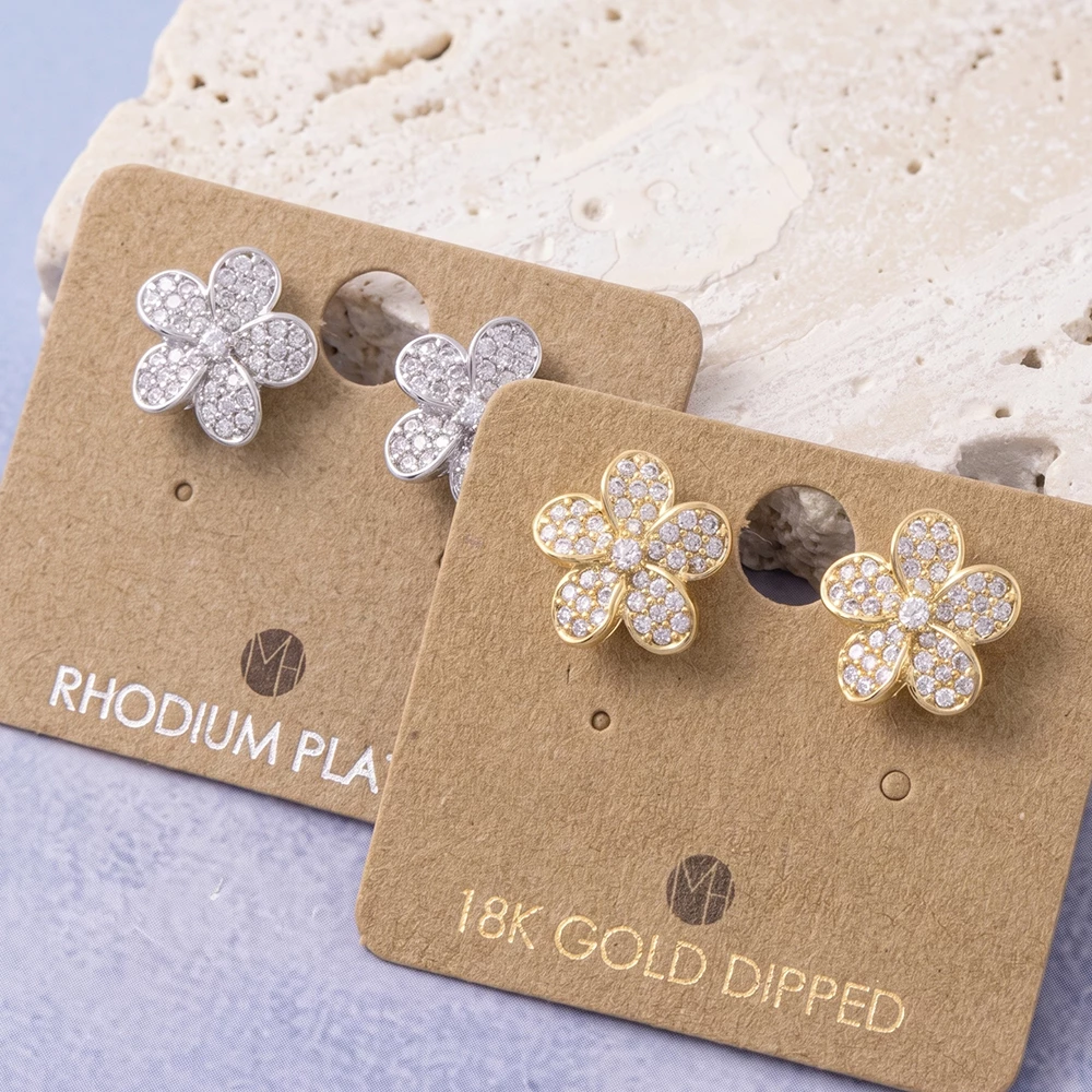 Pave Cz Five Petal Flower Stud Earrings