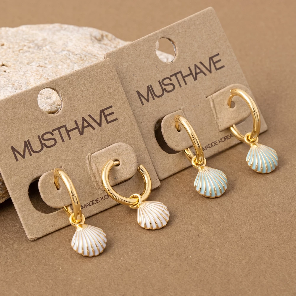 Enamel Scallop Shell Charm Hoop Earrings