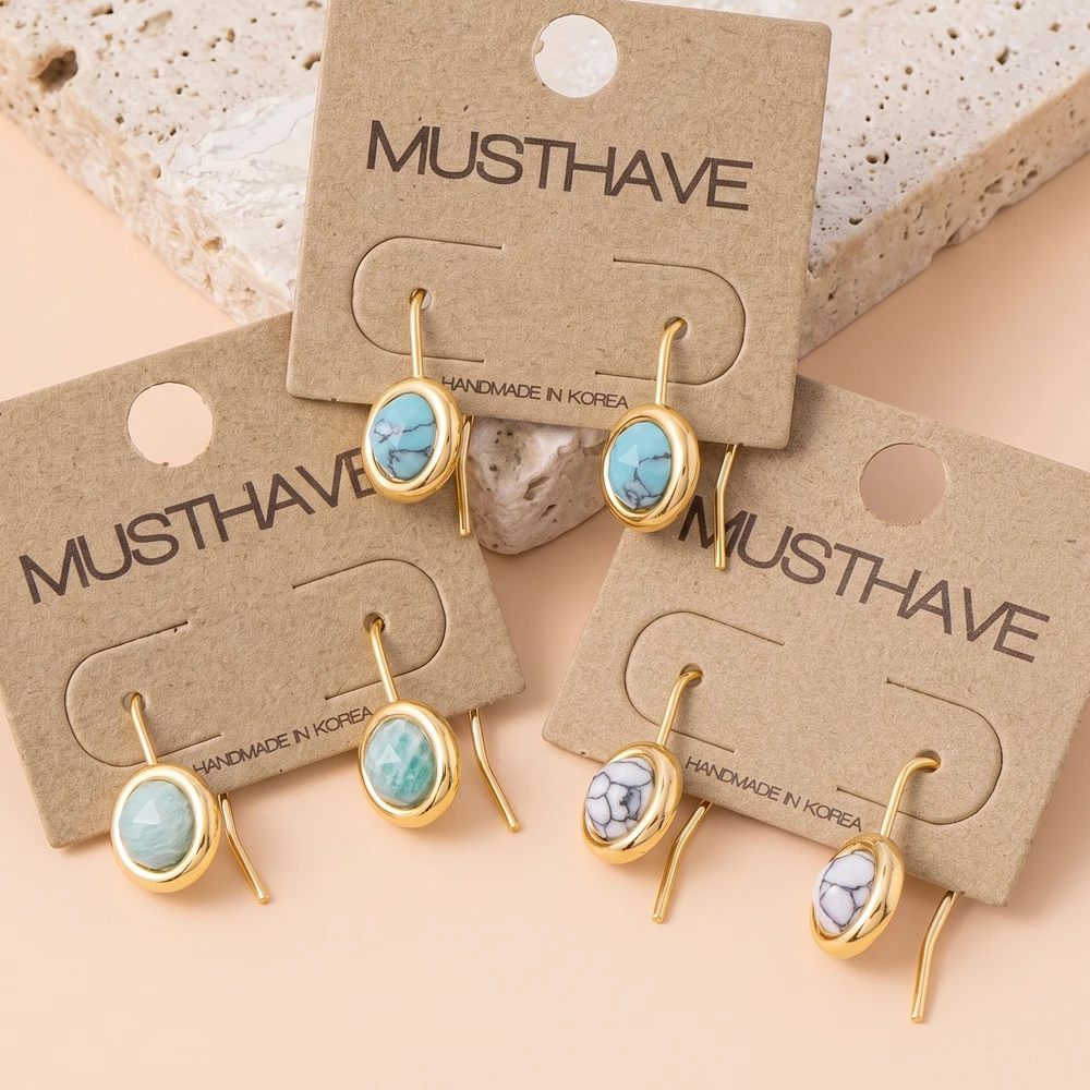 Gold Dipped Round Stone Bezel Ear Wire Drop Earrings