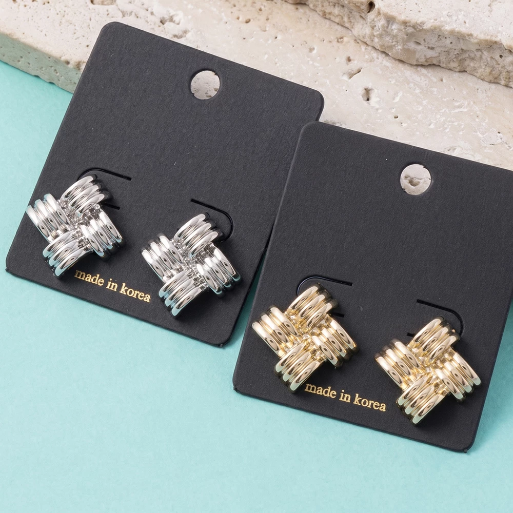Stacked Triple Ridge Square Stud Earrings
