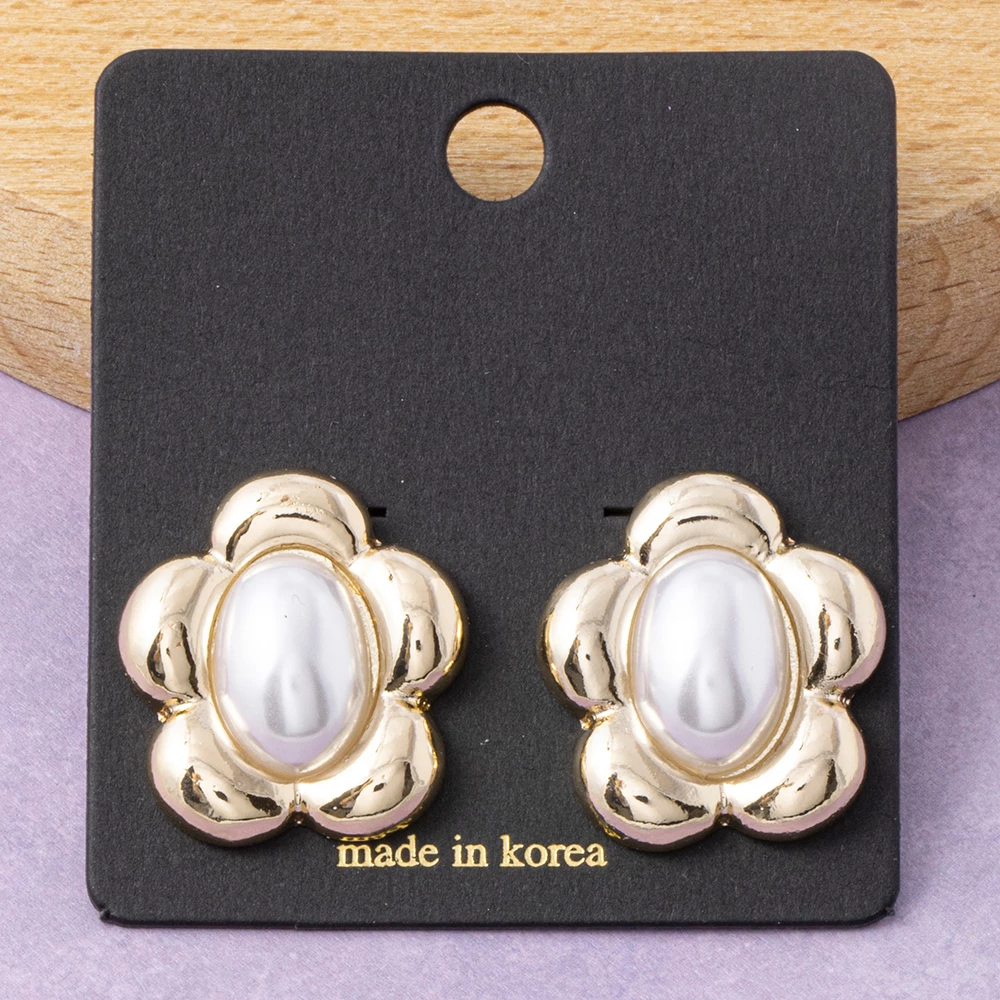 Puffed Petal Flower Oval Pearl Stud Earrings