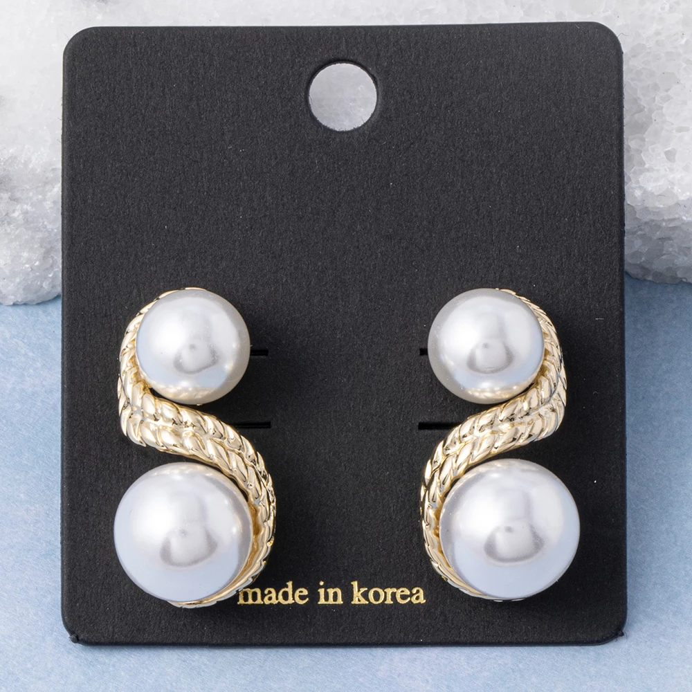 Twisted Rope S Curve Double Pearl Stud Earrings