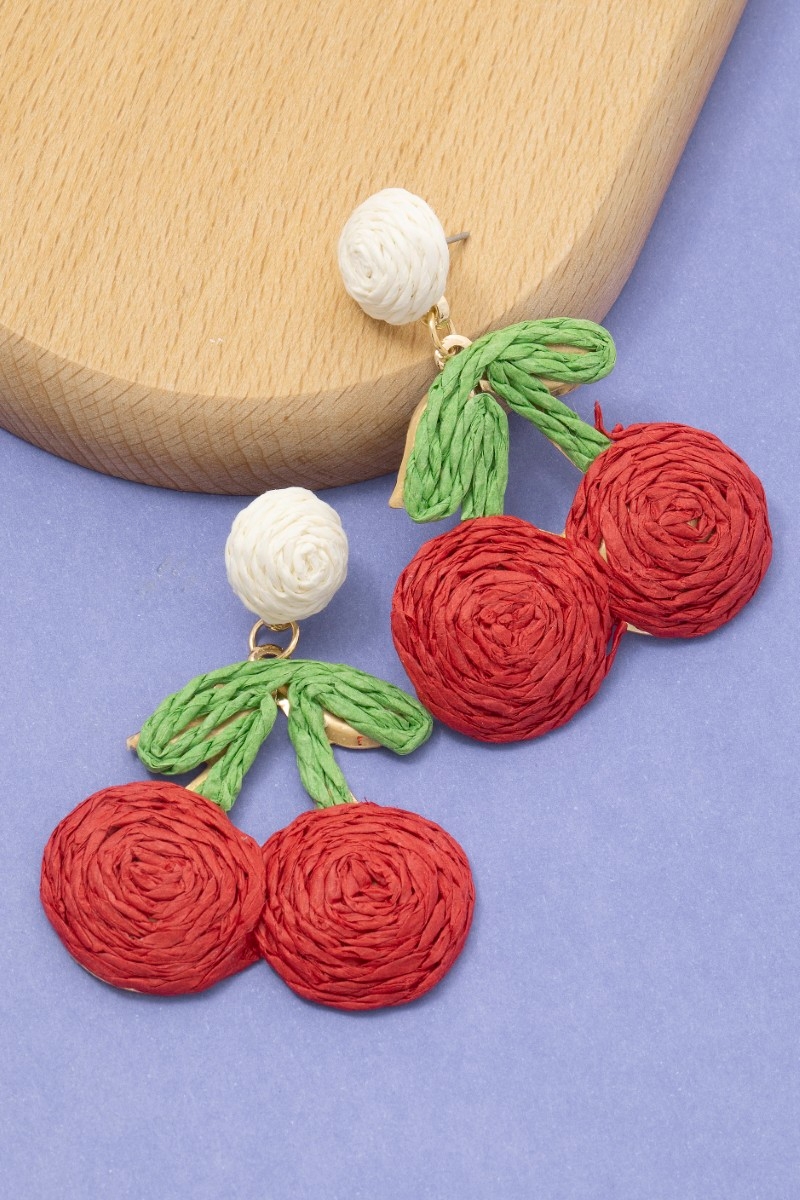 Raffia Cherry Stud Dangle Earrings