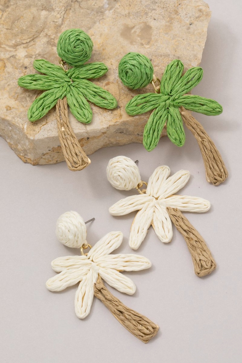 Raffia Palm Tree Stud Dangle Earrings