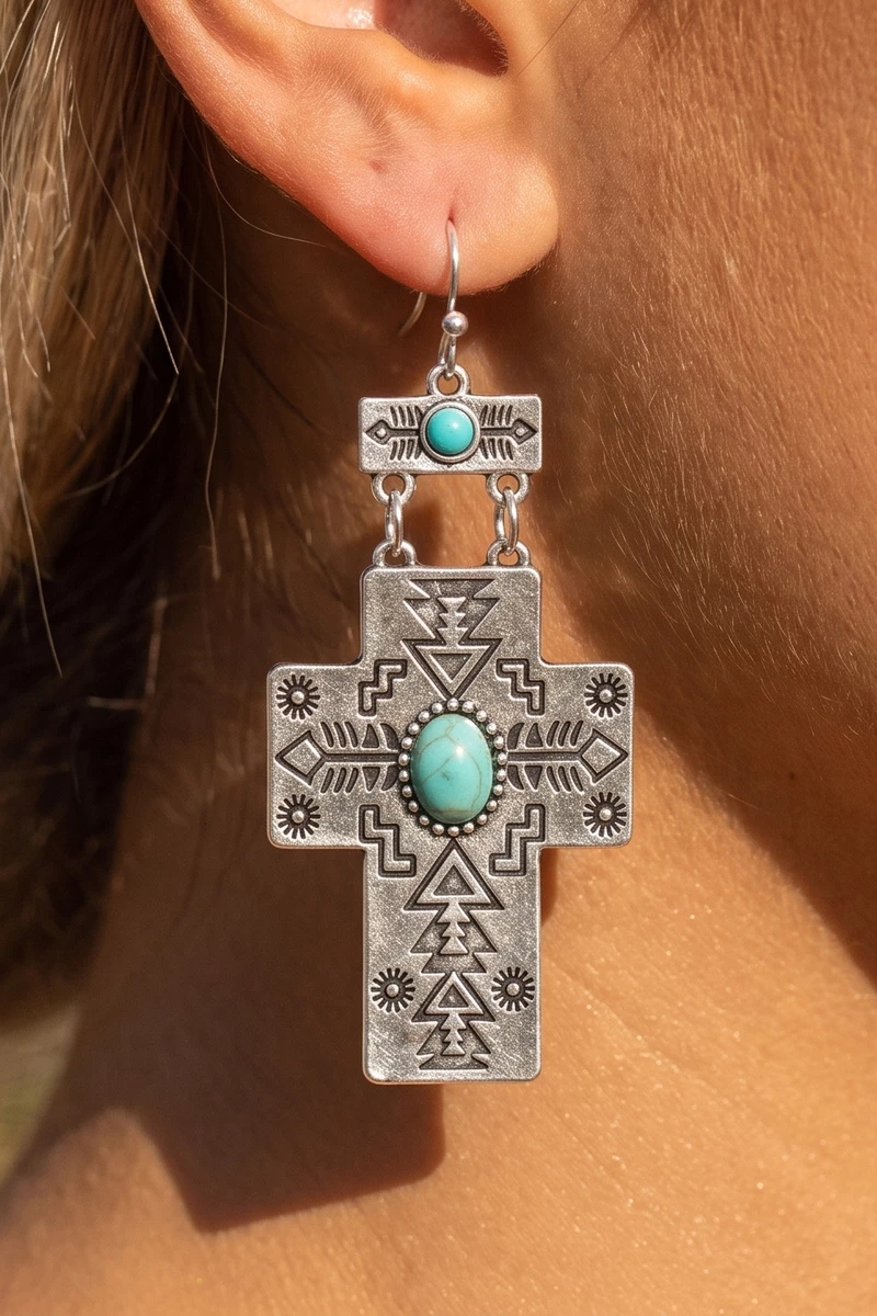 Turquoise Accent Aztec Cross Dangle Earrings