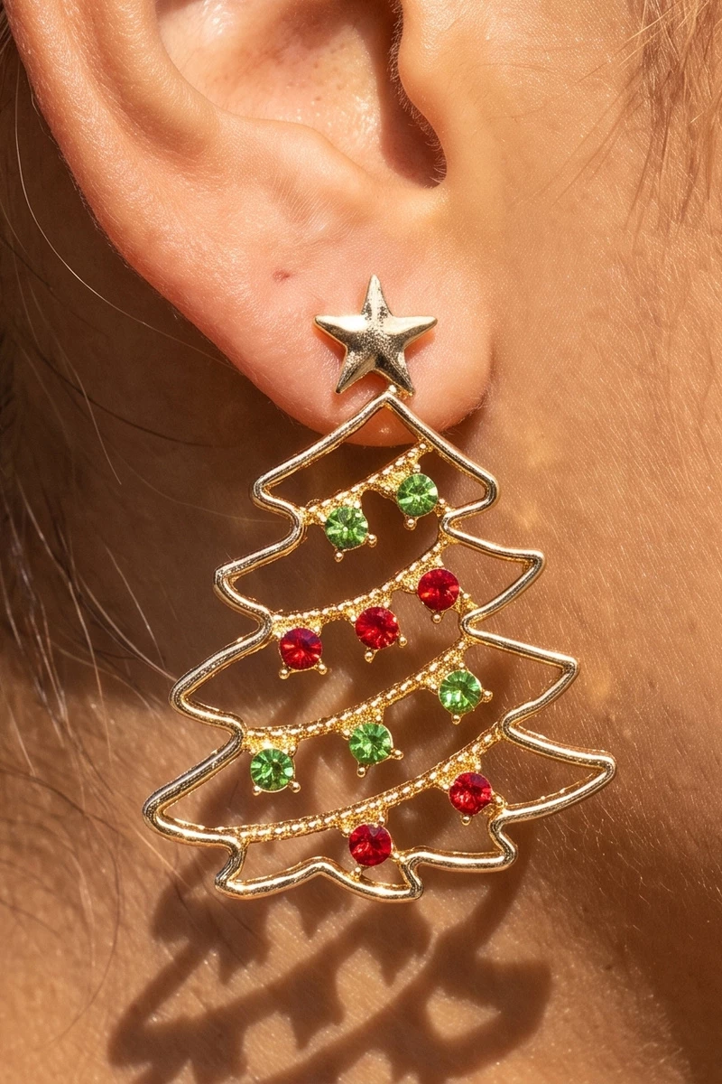 Crystal Christmas Tree Outline Dangle Earrings