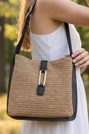 Crochet Straw Hobo Shoulder Bag With Buckle Strap