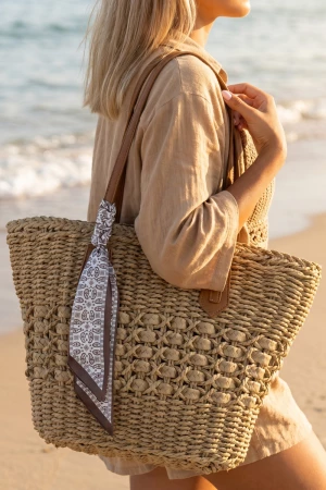 Open Weave Straw Tote Bag With Scarf Accent