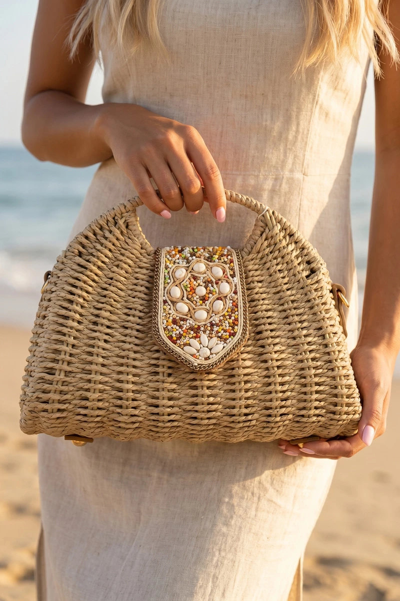 Beaded Flap Straw Top Handle Satchel Bag