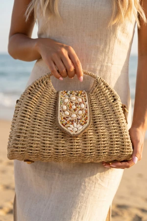 Beaded Flap Straw Top Handle Satchel Bag