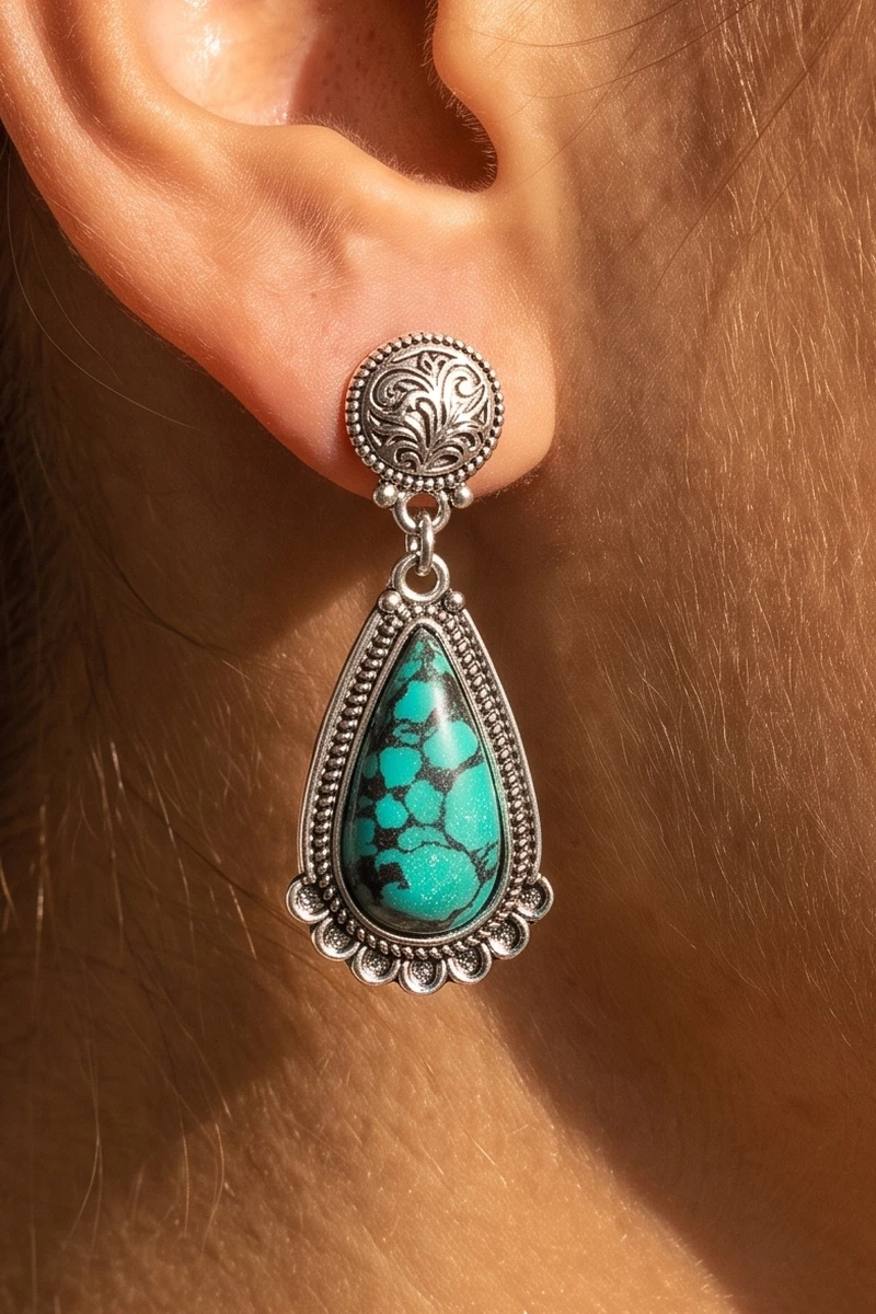 Turquoise Matrix Filigree Teardrop Drop Earrings