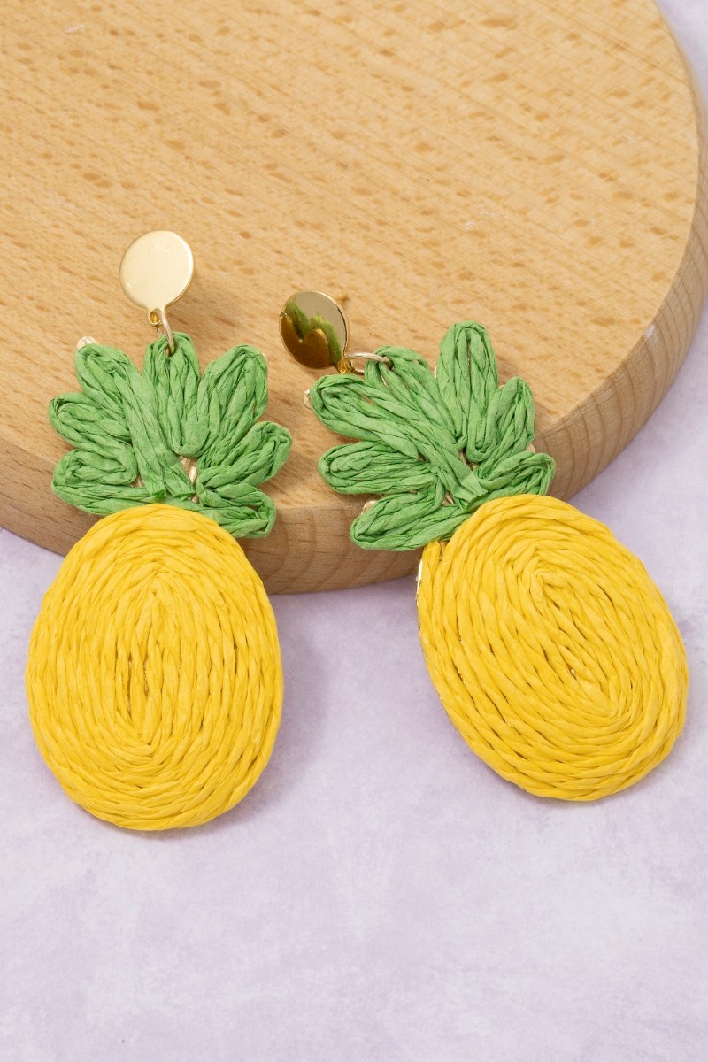 Raffia Wrap Pineapple Stud Dangle Earrings
