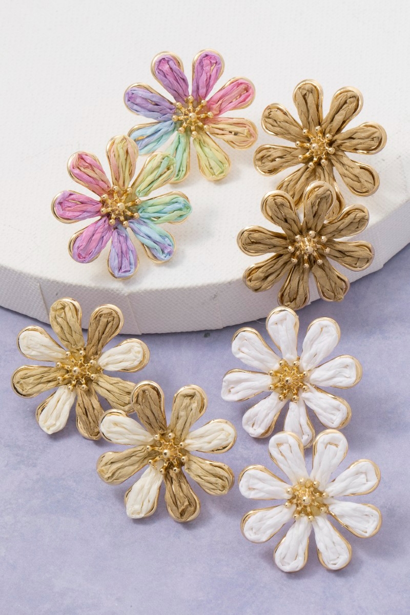 Multi Tone Raffia Flower Stud Earrings