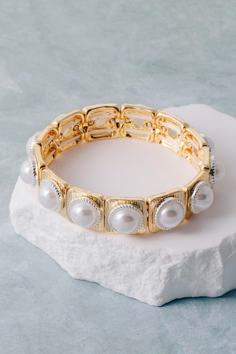 Square Tile Pearl Stretch Bracelet