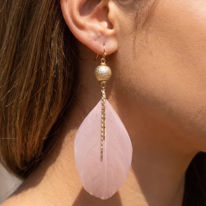 Feather Drop Earrings With Textured Ball And Chain