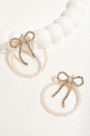 Pearl Beaded Hoop And Pave Ribbon Bow Dangle Earrings