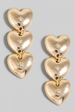 Mini Stud Triple Hearts Linear Dangle Earrings