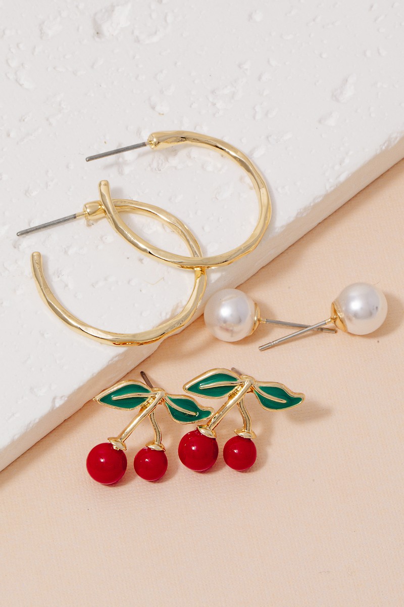 Tube Hoops Pearl And Cherry Studs Earrings Set