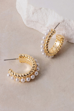 Pearl Fringe Twisted Gold Hoop Earrings