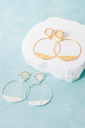 White Stone Scallop Stud Hammered Hoop Drop Earrings