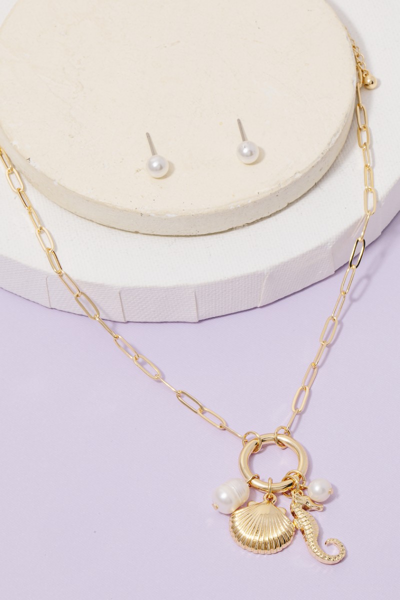 Seahorse Pearl And Clamshell Charms Chain Necklace Set