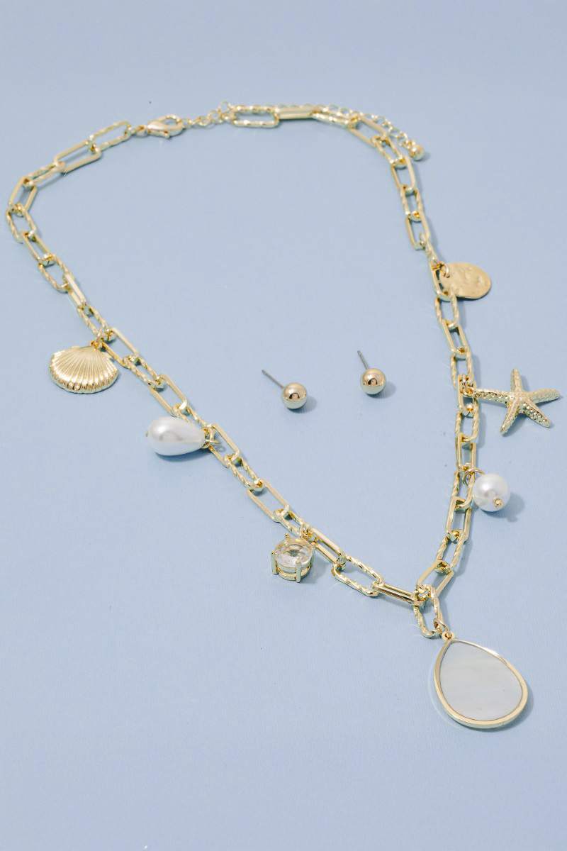 Shell Teardrop Pearl And Sea Life Charms Chain Necklace Set