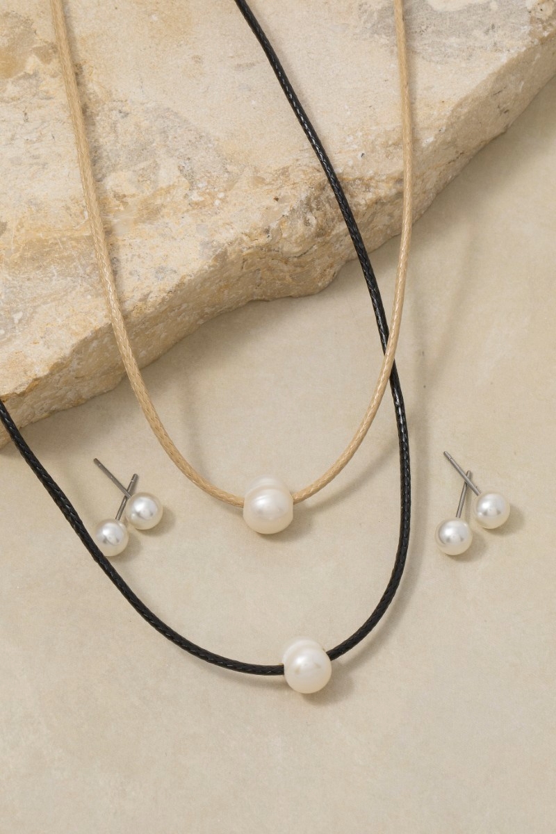 Pearl Bead Charm Cord Necklace Set